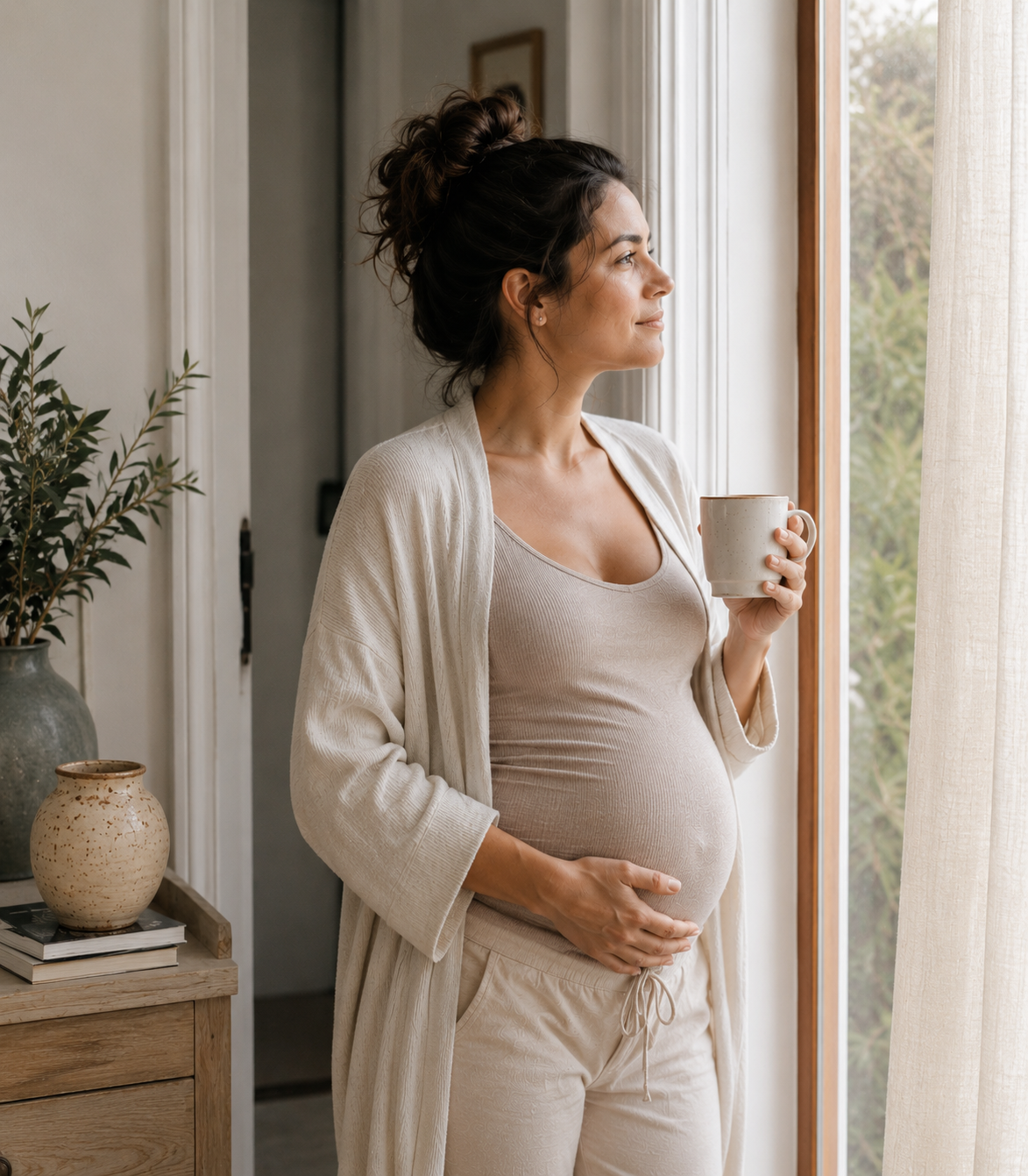 Mujer embarazada junto a la ventana con una taza, luz natural cálida